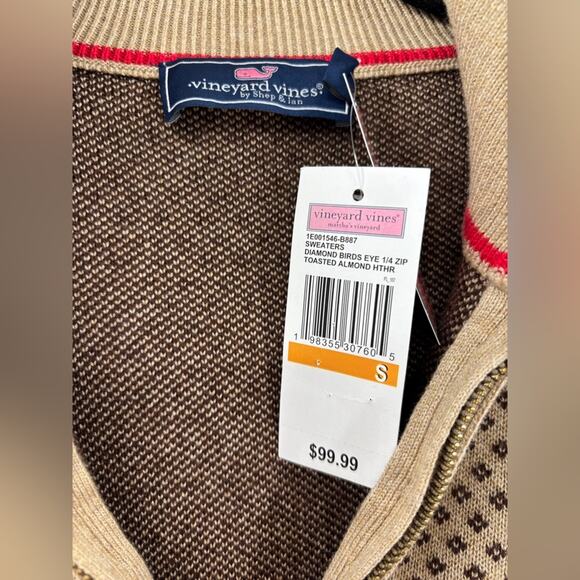 Vineyard Vines Birds Eye Diamond Quarter-Zip Sweater Toasted Almond - Picture 2 of 5